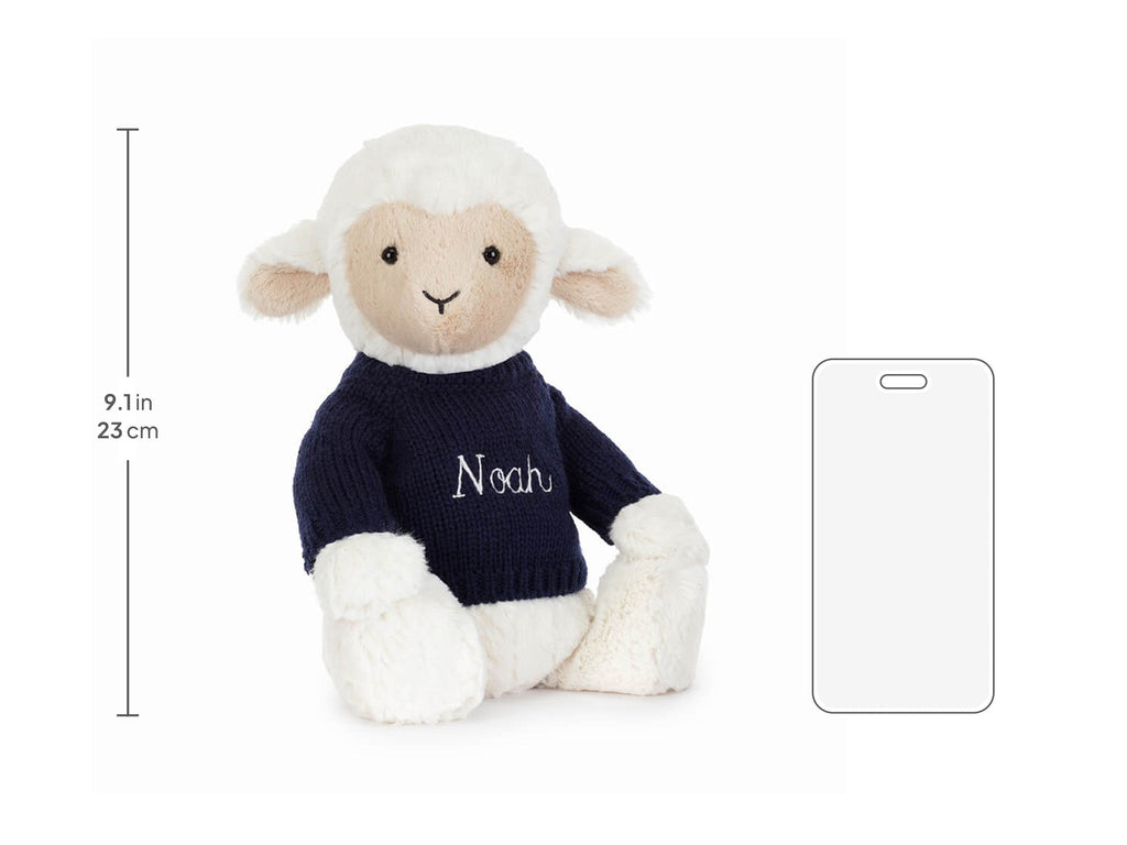 Skipson Lamb Original (Bashful) with Personalized Navy Jumper, size chart
