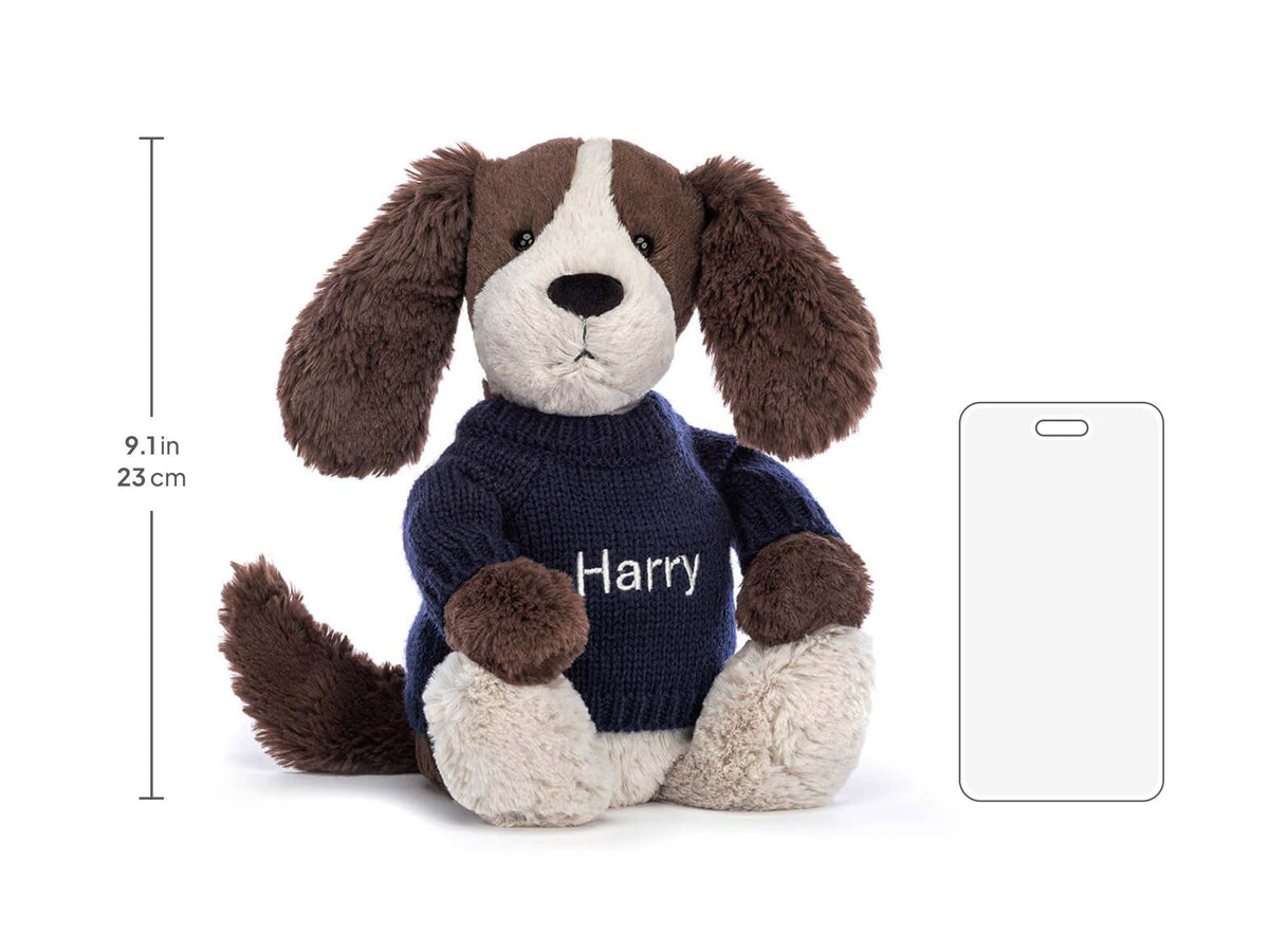 Bashful Fudge Puppy with Personalized Navy Jumper, size chart