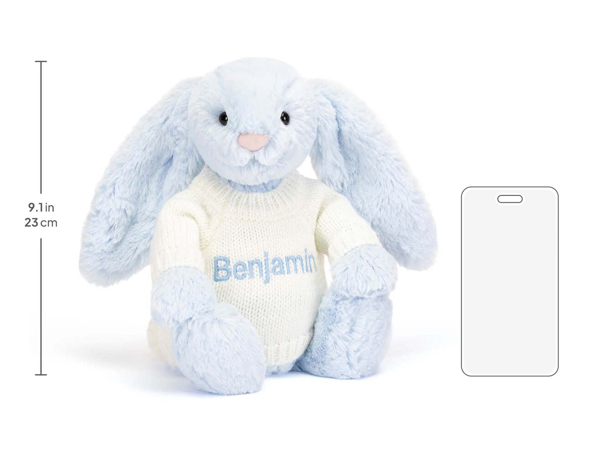 Bashful Blue Bunny with Personalized Cream Jumper, size chart