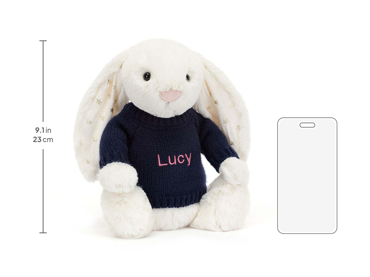 Bashful Twinkle Bunny with Personalized Navy Jumper, size chart